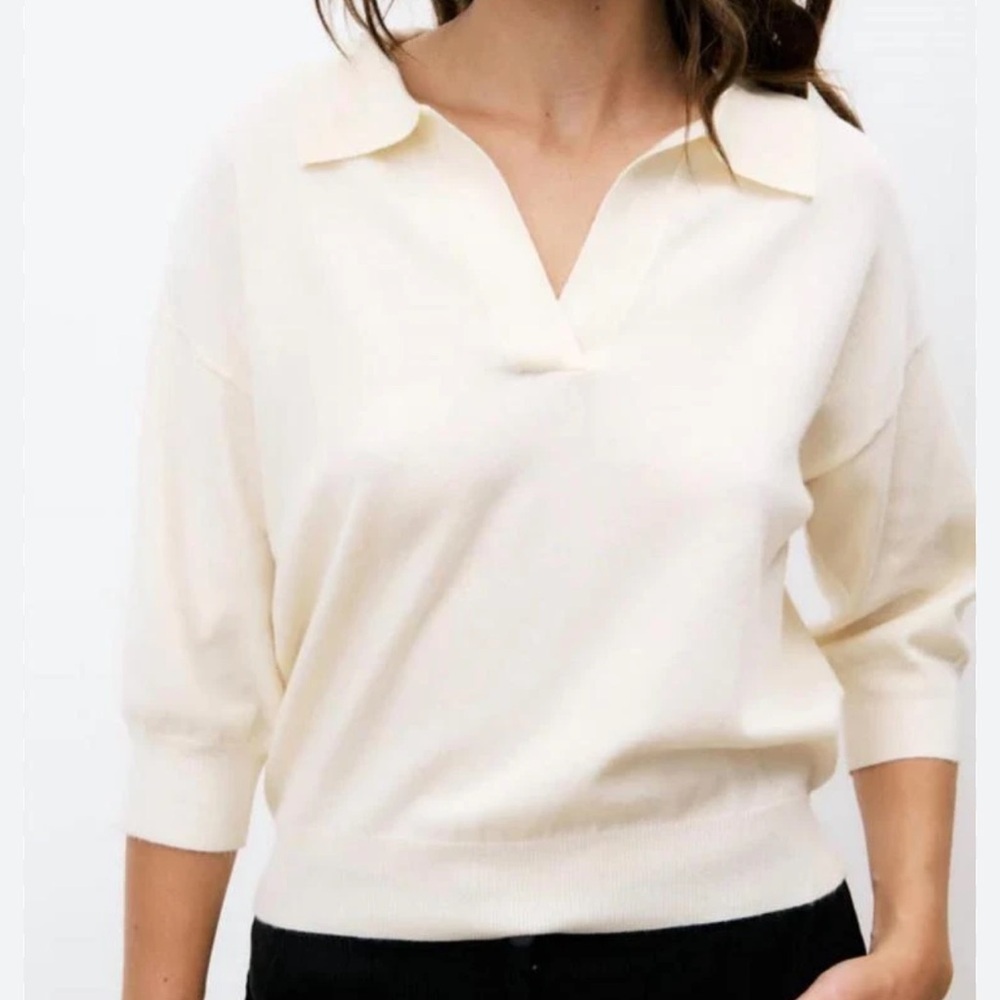 FRNCH Cream Short Sleeve Soft Polo V-Neck Sweater Size Large